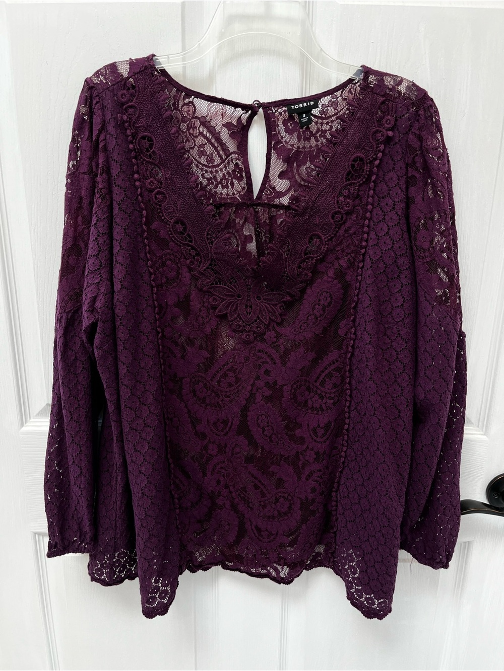Torrid Plum Lace Long Sleeve Blouse 3X Maroon Crochet Trim Blouson Sleeve Top